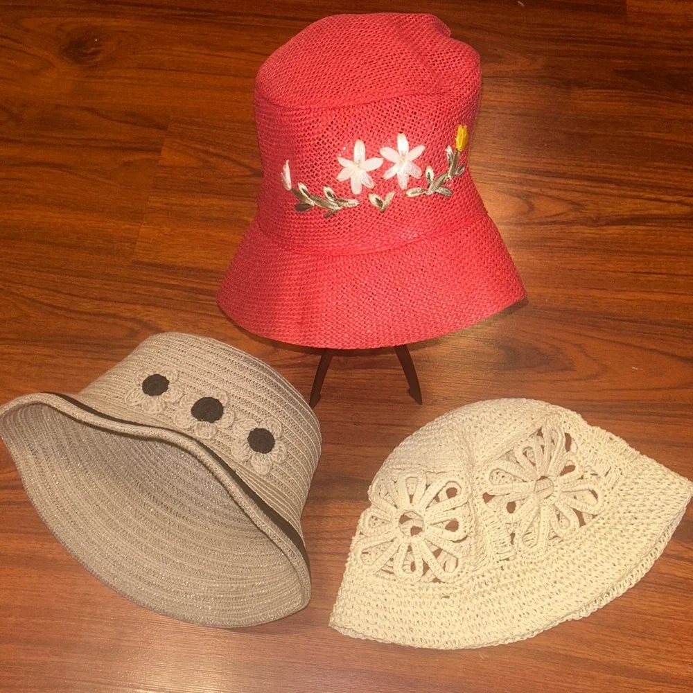 BOHO BUCKET Hat Lot of 3 Crocheted Floral Cutout, Straw Sunflowers, Embroidered